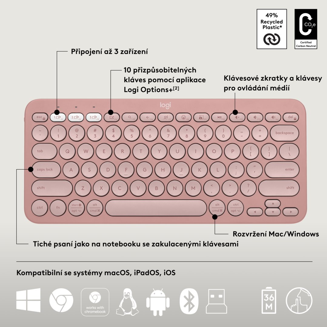 Logitech Pebble 2 Combo, bezdrôtová klávesnica a myš, ružová