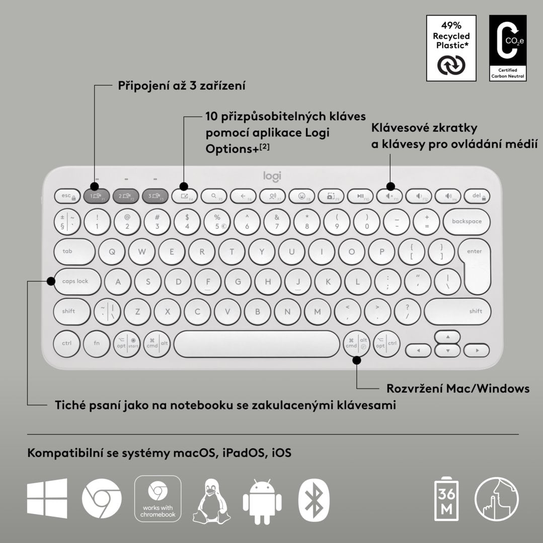 Logitech Pebble Keys 2 K380s, US, bezdrátová klávesnice, bílá