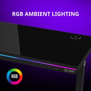 LORGAR stůl s nastavitelnou výškou, bezdrátovou nabíječkou, RGB osvětlením a USB porty, tvrzené sklo, černý