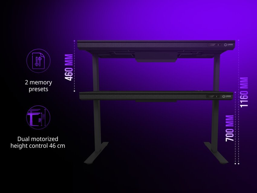 LORGAR stůl s nastavitelnou výškou, bezdrátovou nabíječkou, RGB osvětlením a USB porty, tvrzené sklo, černý