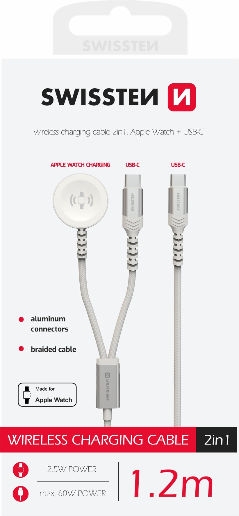 Magnetický kábel Swissten pre Apple Watch + USB-C, biely