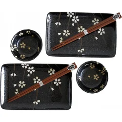 MIJ Sushi set s hůlkami Black with White Petals, 4 ks