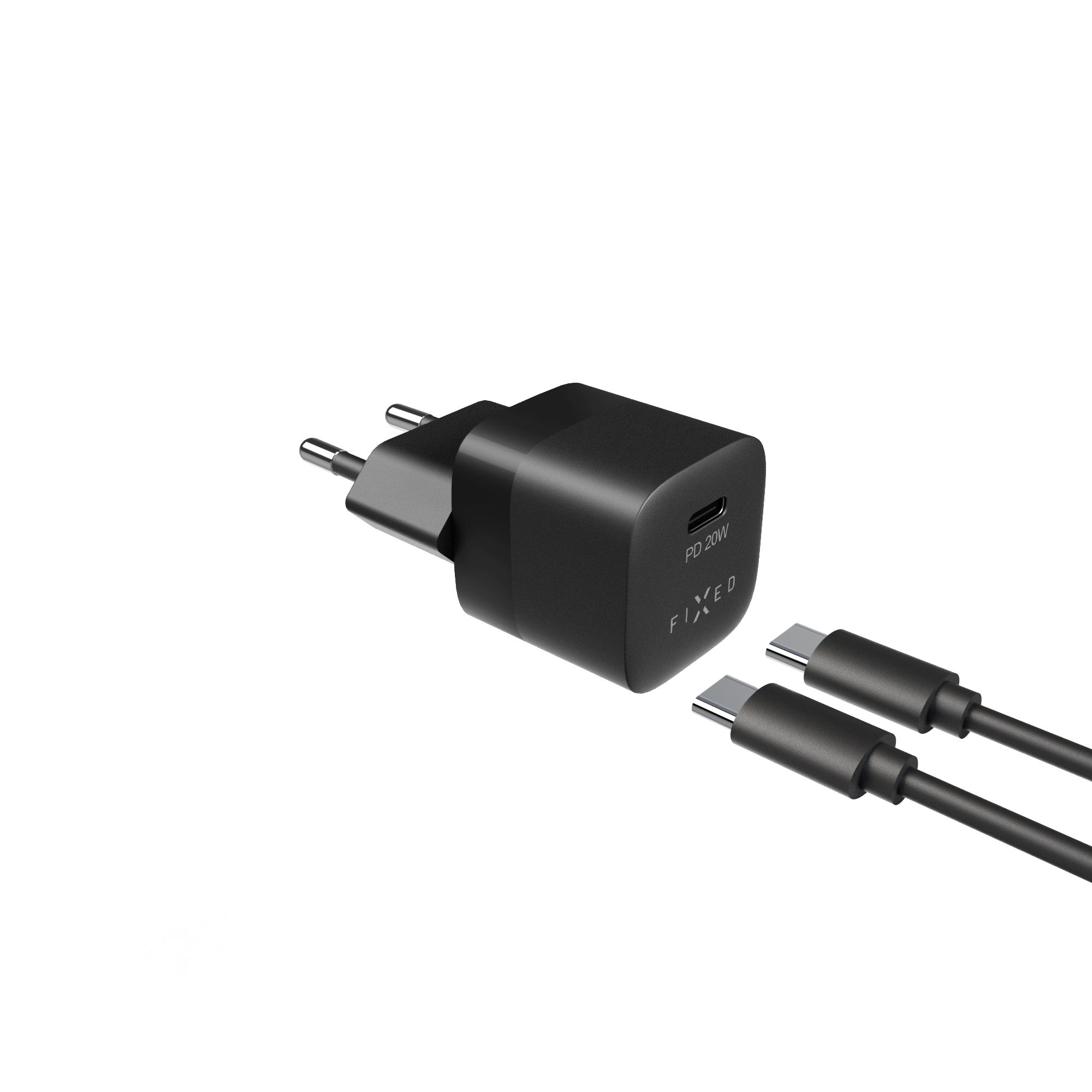 Mini sieťová nabíjačka FIXED s výstupom USB-C a káblom USB-C/USB-C, podpora PD, 1 meter, 20 W, čierna