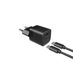 Mini sieťová nabíjačka FIXED s výstupom USB-C a káblom USB-C/USB-C, podpora PD, 1 meter, 30 W, čierna