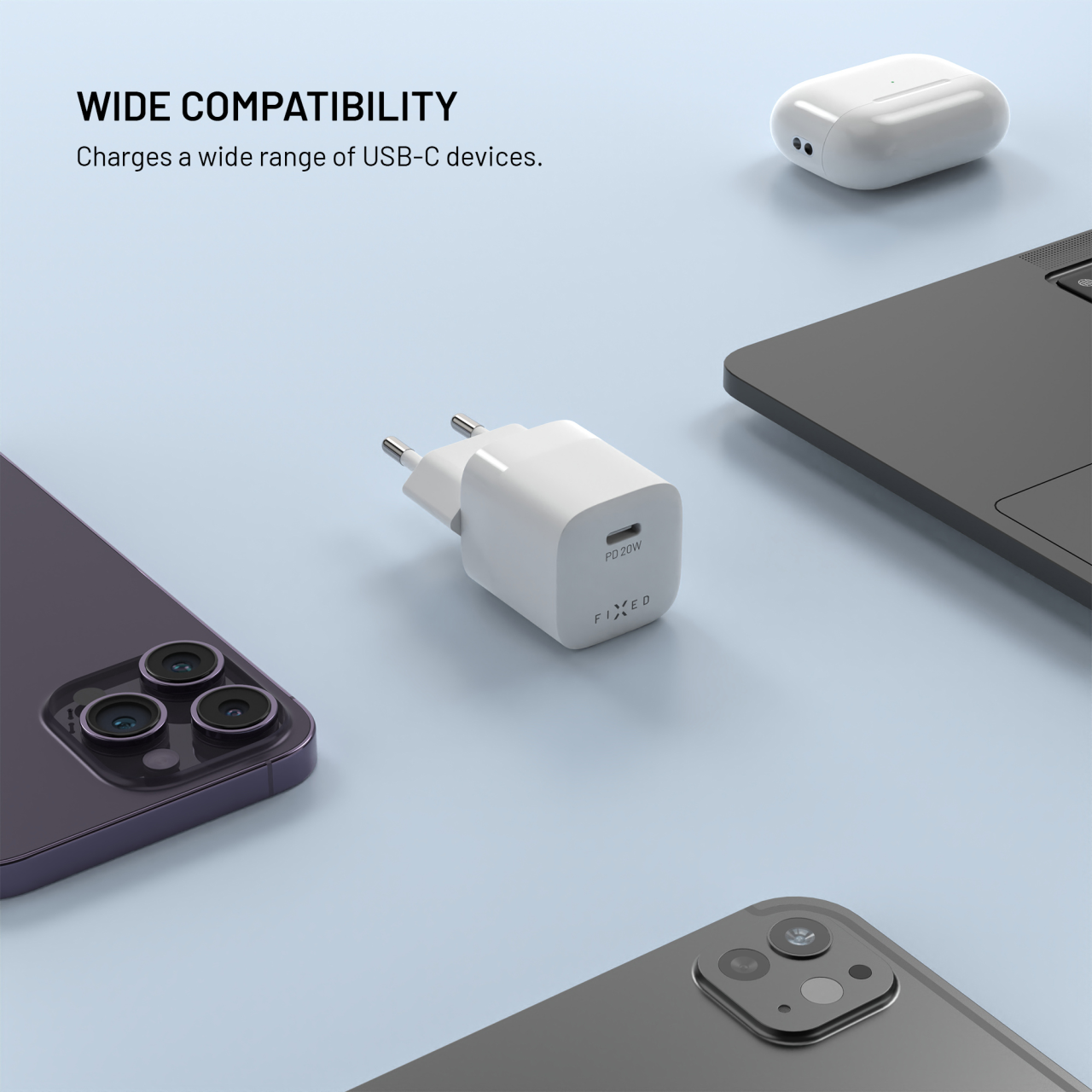 Mini sieťová nabíjačka FIXED s výstupom USB-C a podporou PD, 20 W, biela