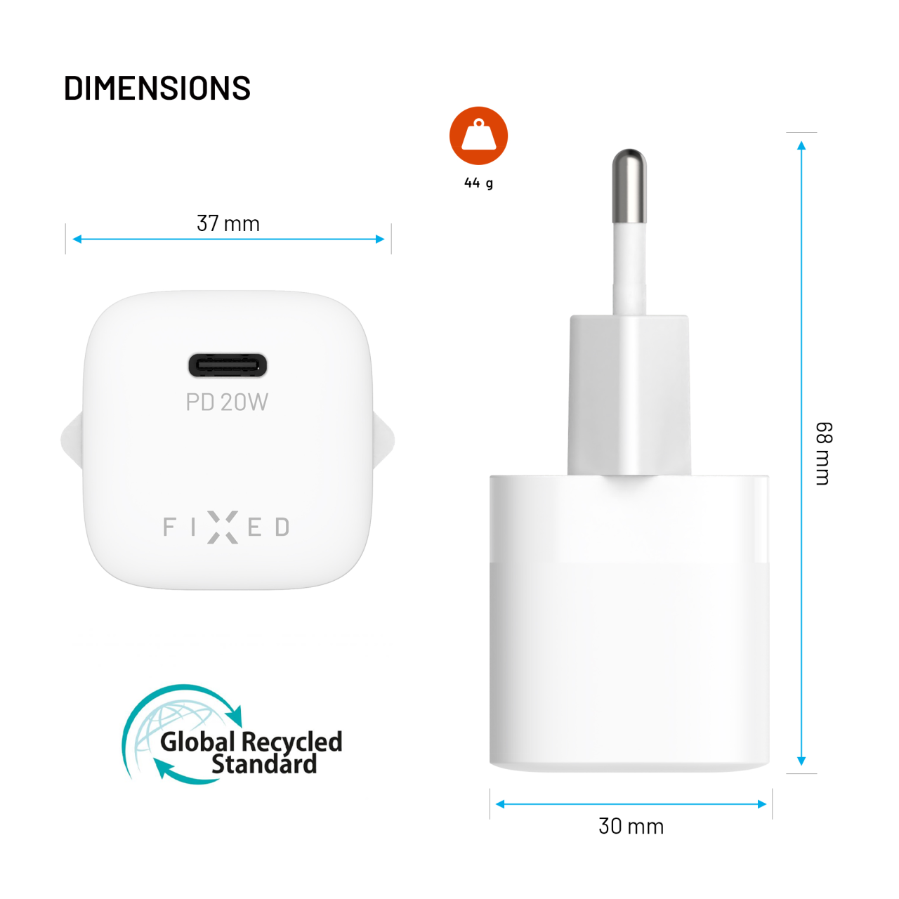 Mini sieťová nabíjačka FIXED s výstupom USB-C a podporou PD, 20 W, biela