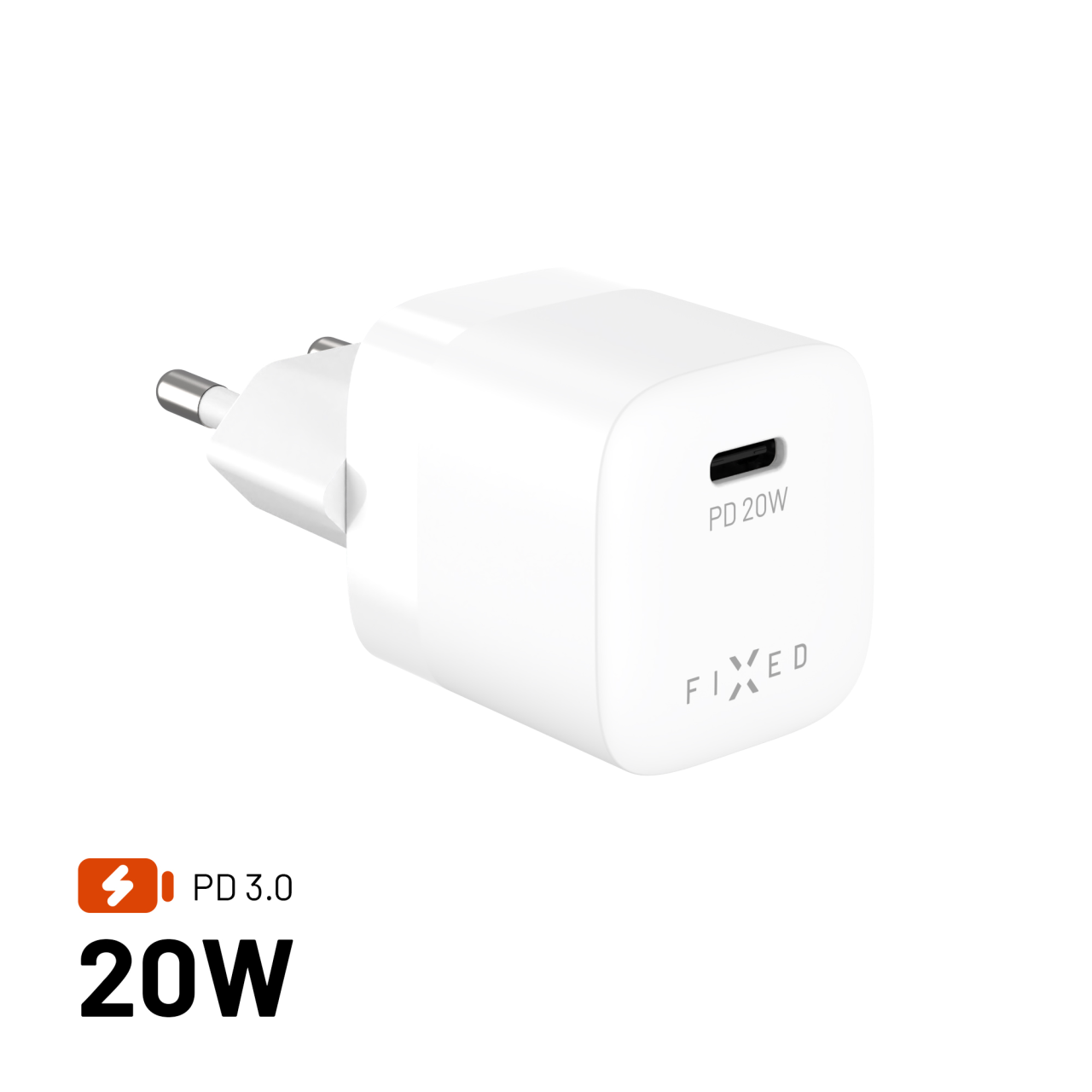 Mini sieťová nabíjačka FIXED s výstupom USB-C a podporou PD, 20 W, biela