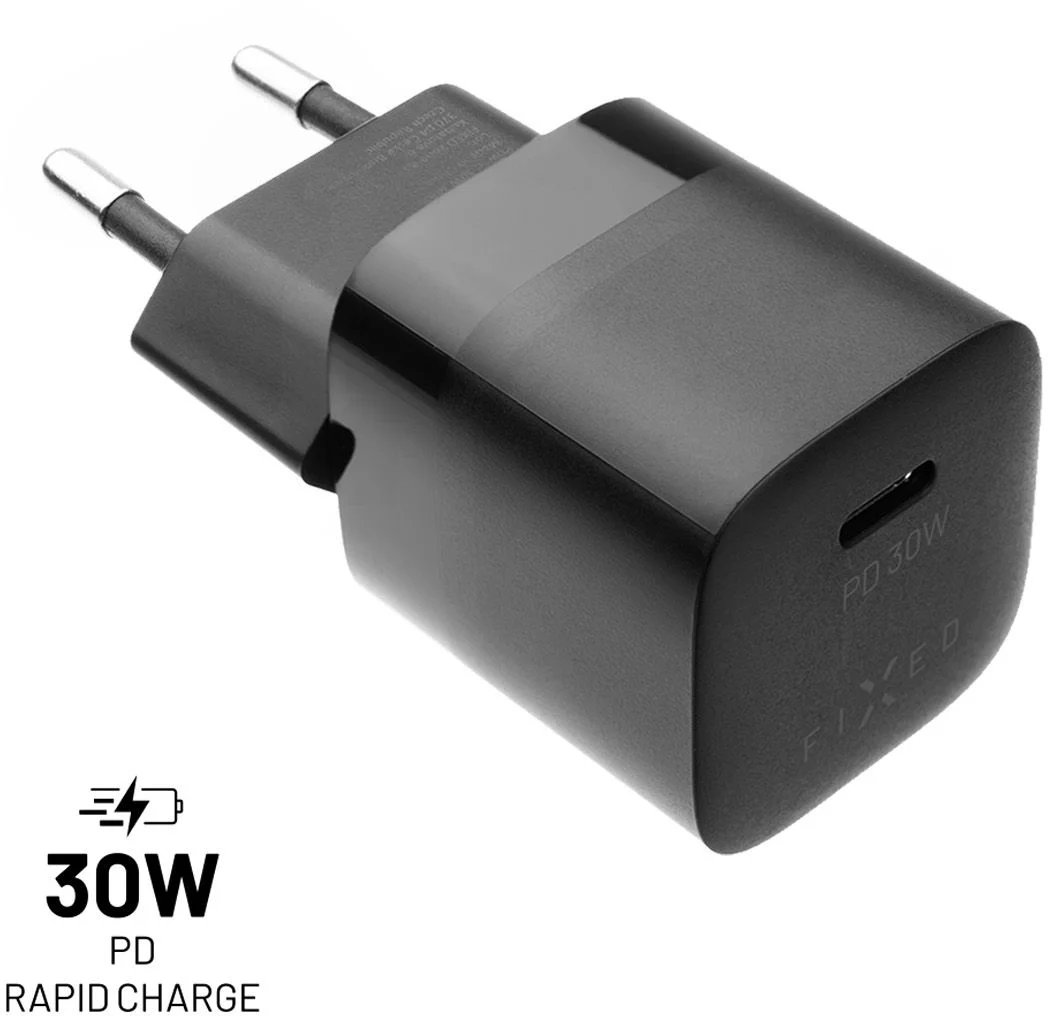 Mini sieťová nabíjačka FIXED s výstupom USB-C a podporou PD, 30 W, čierna