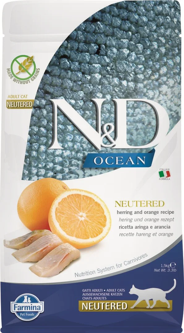 N&D OCEAN CAT Neutered Adult Herring & Orange 1,5kg granule pro kastrované kočky