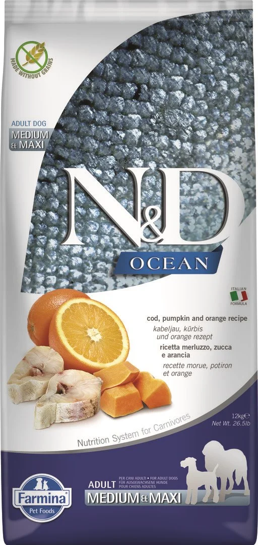 N&D OCEAN DOG Adult M/L Codfish & Pumpkin & Orange 12kg granule pre psov