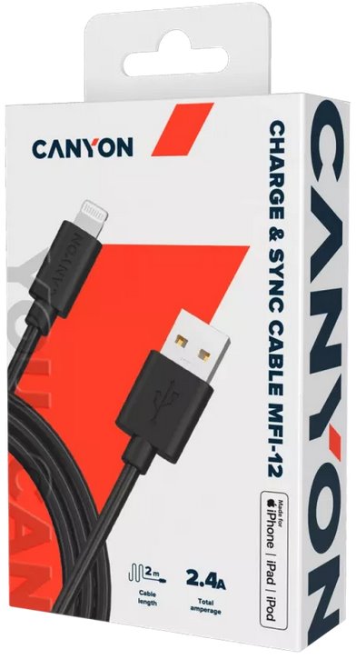 Nabíjací kábel CANYON Lightning MFI-12, 26 MB/s, 5 V/2,4 A, certifikovaný spoločnosťou Apple, dĺžka 2 m, čierny