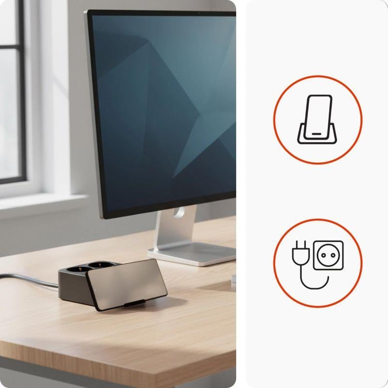 Nabíjacia stanica Huslog 15W 2xzásuvka, 2xUSB-C, 2xUSB, 1x držiak na telefón čierna