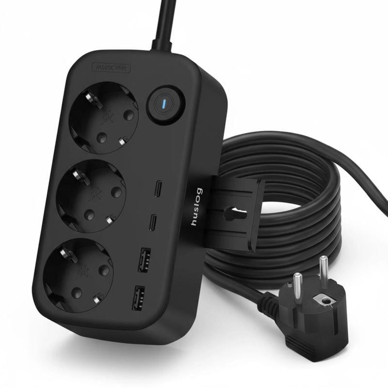 Nabíjacia stanica Huslog 15W 3x zásuvka, 2xUSB-C, 2xUSB, 1x držiak na telefón čierna