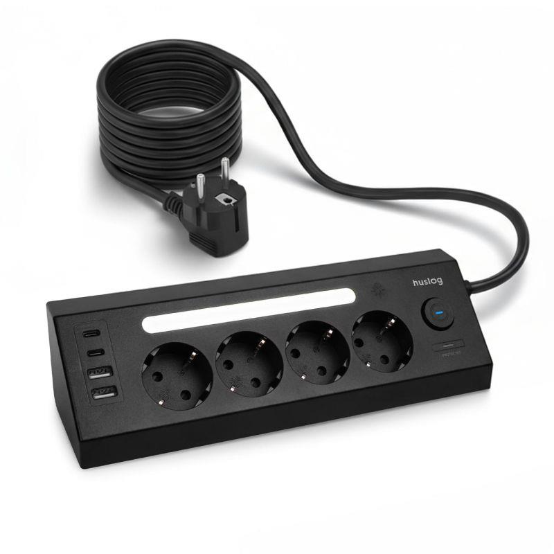 Nabíjacia stanica Huslog 15W 4x zásuvka, 2xUSB-C, 2xUSB, 1x LED svetlo čierna