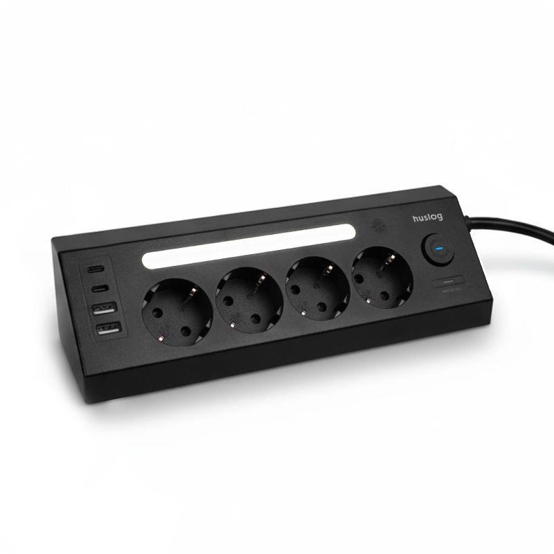 Nabíjacia stanica Huslog 15W 4x zásuvka, 2xUSB-C, 2xUSB, 1x LED svetlo čierna