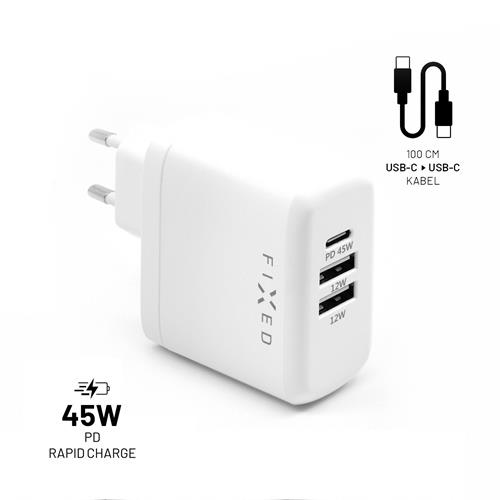 Nabíjacia súprava FIXED s výstupom USB-C a 2xUSB a káblom USB-C/USB-C, podpora PD, 45 W, biela