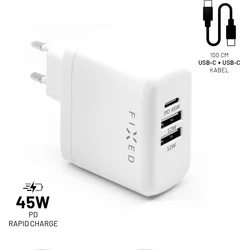 Nabíjacia súprava FIXED s výstupom USB-C a 2xUSB a káblom USB-C/USB-C, podpora PD, 45 W, biela