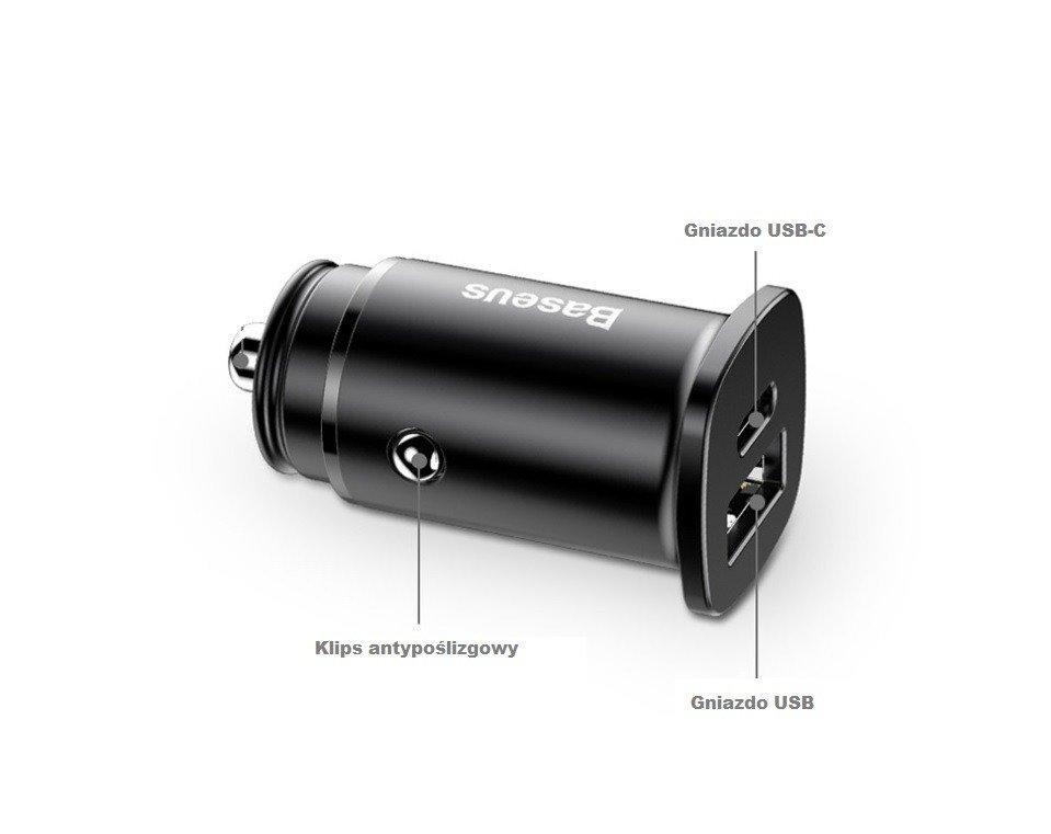 Nabíjačka do auta Baseus 30W 1x USB,1x USB-C čierna