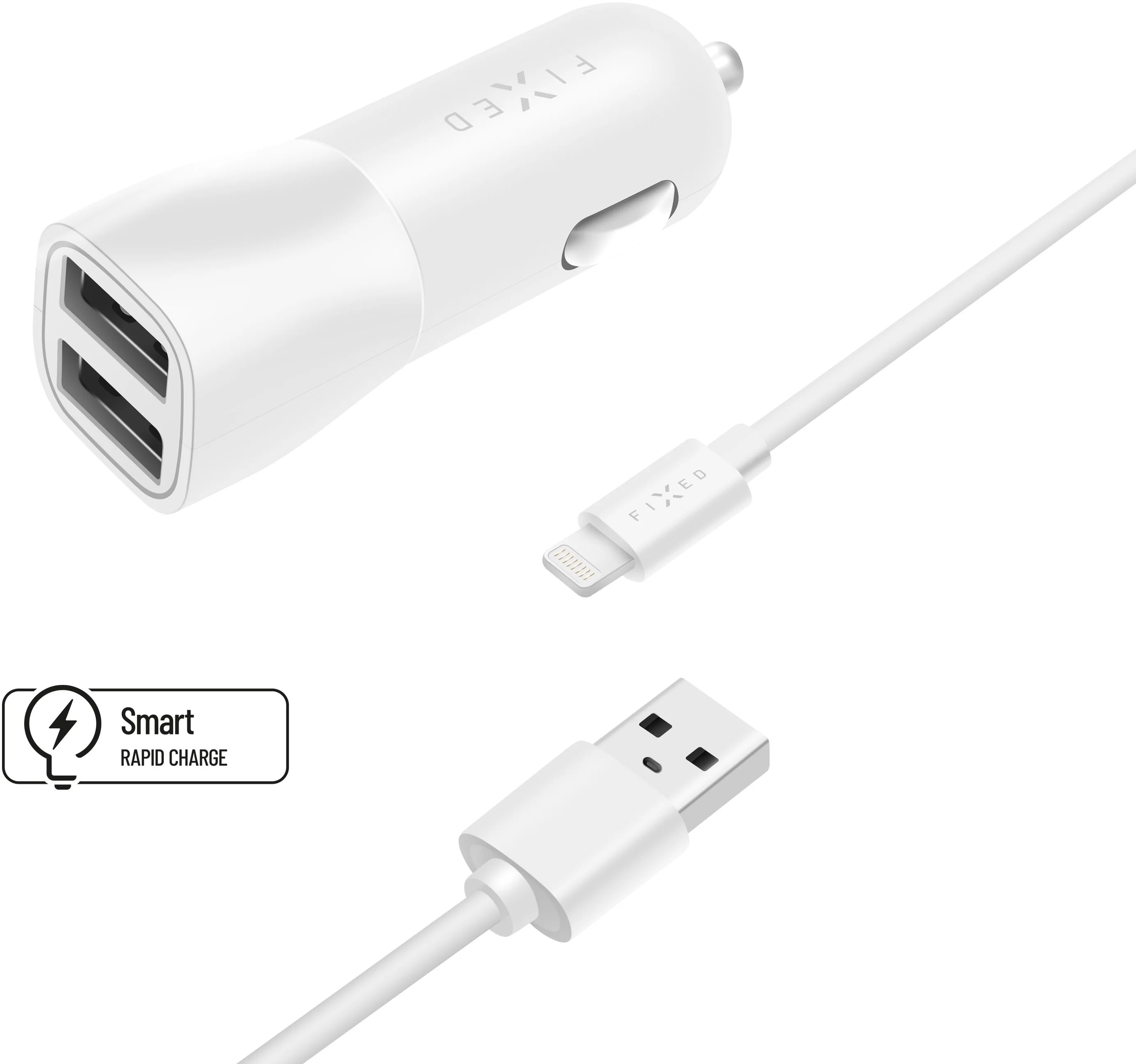 Nabíjačka do auta FIXED s výstupom 2xUSB a káblom USB/Lightning, 1 meter, certifikácia MFI, 15W Smart Rapid Charge, biela