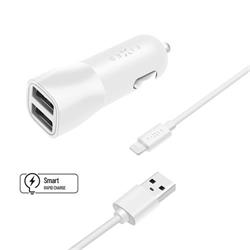 Nabíjačka do auta FIXED s výstupom 2xUSB a káblom USB/Lightning, 1 meter, certifikácia MFI, 15W Smart Rapid Charge, biela