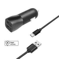 Nabíjačka do auta FIXED s výstupom 2xUSB a káblom USB/USB-C, 1 meter, 15W Smart Rapid Charge, čierna