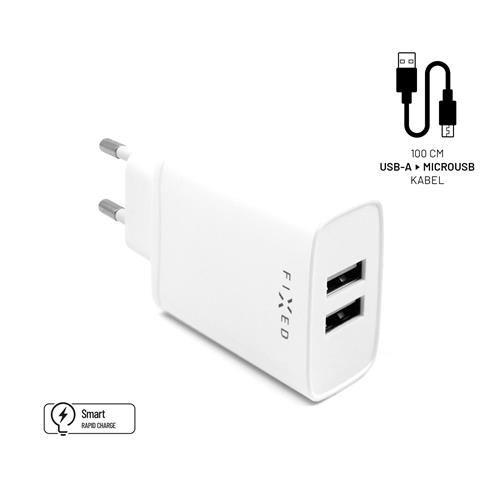 Nabíjačka FIXED s výstupom 2xUSB a káblom USB/micro USB, 1 meter, 15 W Smart Rapid Charge, biela