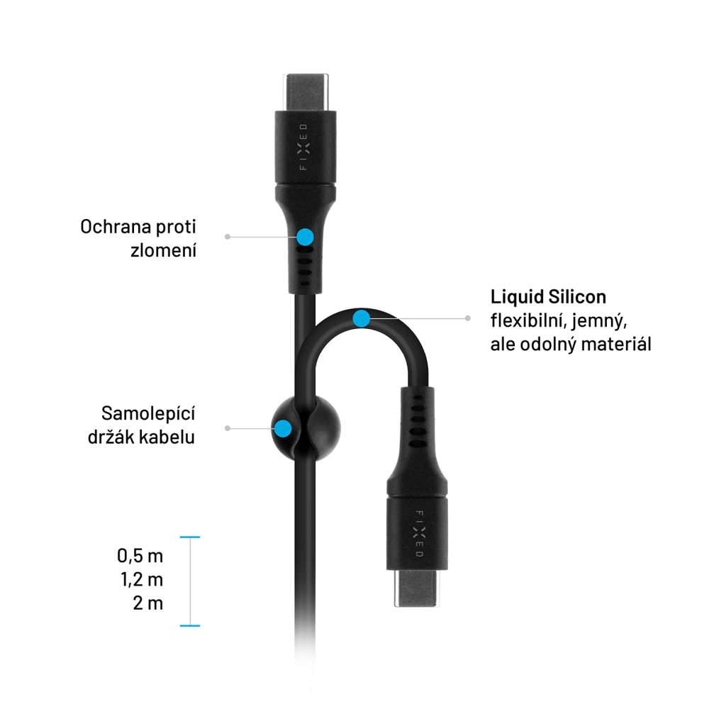 Nabíjecí a datový Liquid silicone kabel FIXED s konektory USB-C/USB-C a podporou PD, 1.2m, USB 2.0, 60W, černý