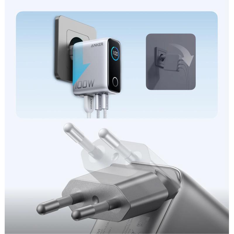 Nabíječka do sítě Anker 100W, 2xUSB-C, 1xUSB stříbrná