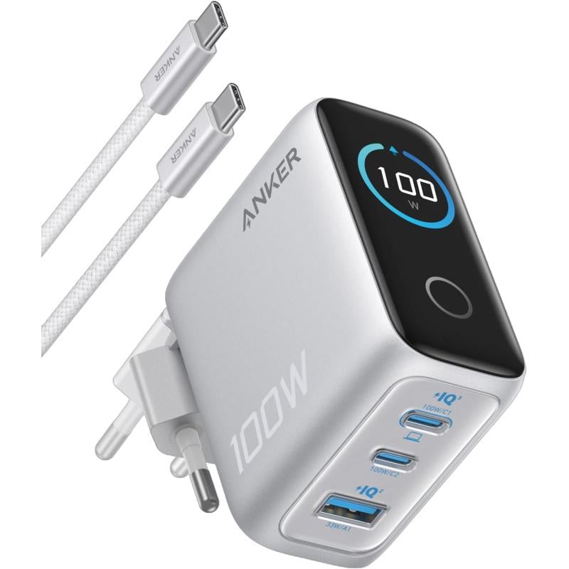 Nabíječka do sítě Anker 100W, 2xUSB-C, 1xUSB stříbrná