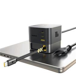 Nabíječka do sítě Baseus Super GaN 100W s navíjecím kabelem USB-C 82cm, 1xUSB, 2xUSB-C černá