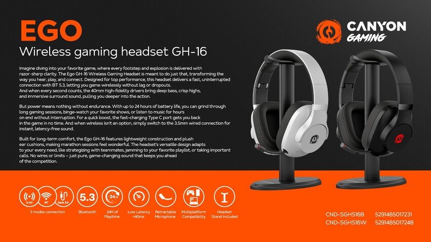 Náhlavná súprava CANYON EGO GH-16 3v1 2,4Ghz+BT čierna