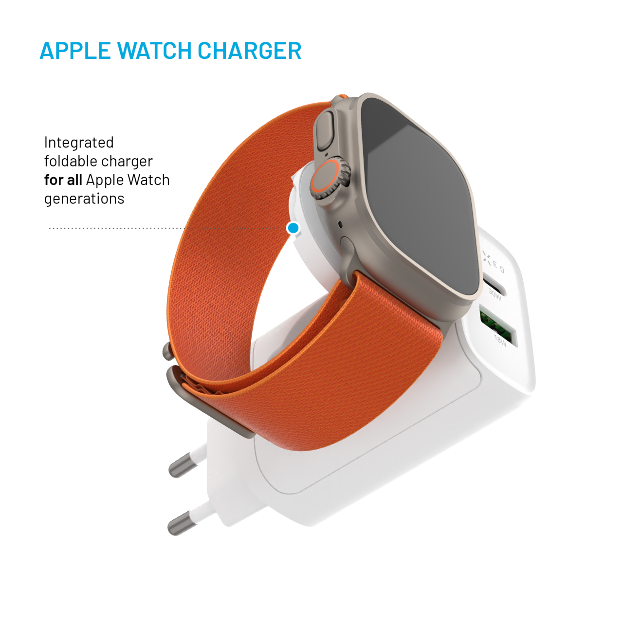 Napájacia zásuvka FIXED s USB-A a USB-C, Apple Watch, 33 W, biela