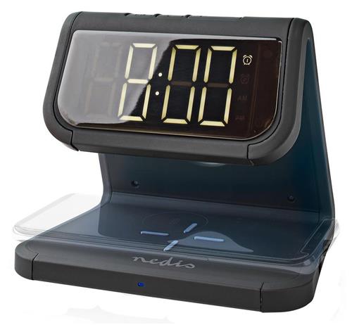 NEDIS budík/ bezdrôtová nabíjačka/ certifikácia Qi/ viacfarebné nočné svetlo/ 5VDC/9VDC/ 1,0A/1,1A/ USB/ čierna