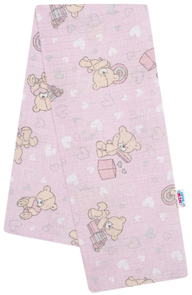 New Baby Bavlněná plena s potiskem růžová medvídek a srdíčko