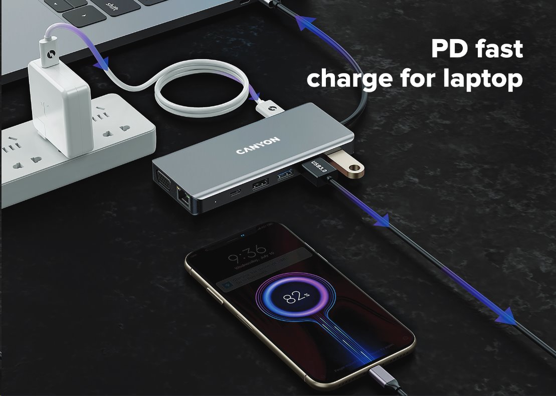 Portový rozbočovač CANYON DS-12 13 v 1, 1x USB-C PD 100 W, 2x HDMI (4K), VGA, 4x USB-A, RJ45 Gb, 3,5 mm konektor, čítačka SD/micro