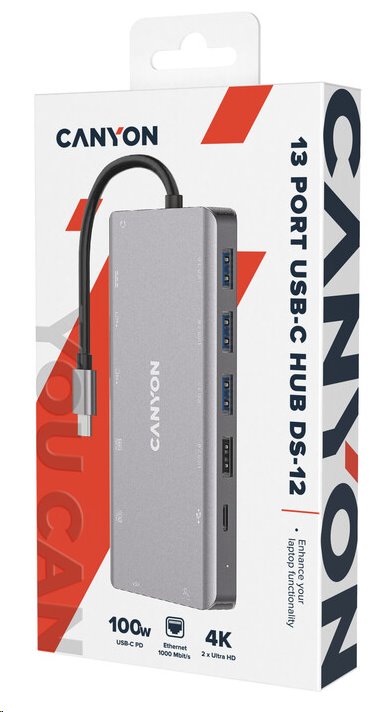 Portový rozbočovač CANYON DS-12 13 v 1, 1x USB-C PD 100 W, 2x HDMI (4K), VGA, 4x USB-A, RJ45 Gb, 3,5 mm konektor, čítačka SD/micro