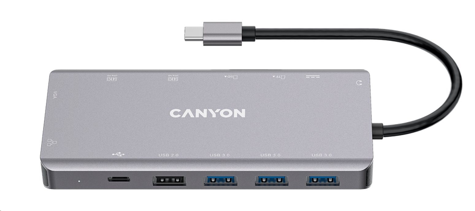 Portový rozbočovač CANYON DS-12 13 v 1, 1x USB-C PD 100 W, 2x HDMI (4K), VGA, 4x USB-A, RJ45 Gb, 3,5 mm konektor, čítačka SD/micro