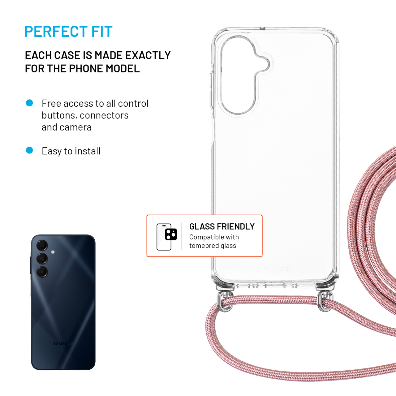Pouzdro FIXED Pure Neck s růžovou šňůrkou na krk pro Samsung Galaxy A26 5G