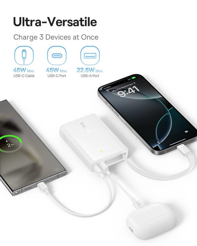 Powerbank Baseus PicoGo 10000mAh, 45W, s káblom USB-C, biela