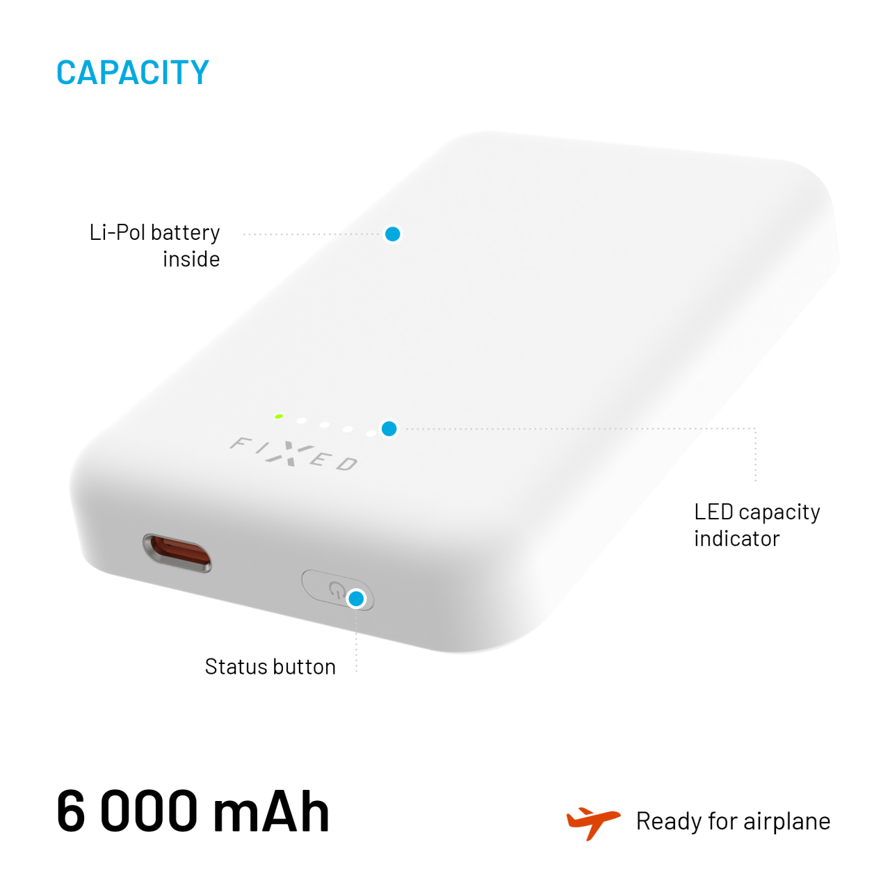 Powerbank FIXED MagZen s bezdrôtovým nabíjaním Magsafe, 6 000 mAh, biela