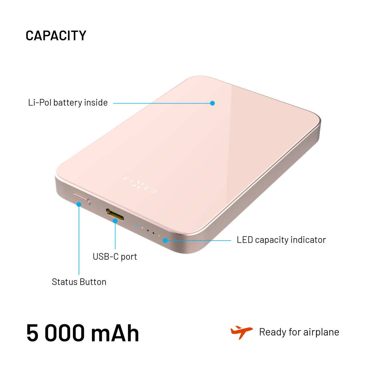 Powerbanka FIXED MagZen 5 Crystal s Qi2 a MagSafe, 5 000 mAh, růžová