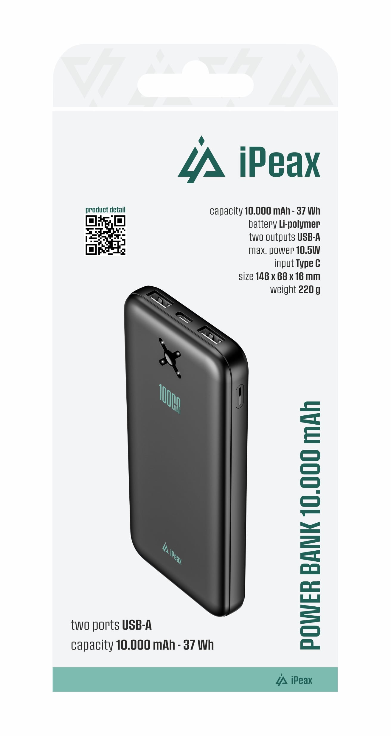 Powerbanka iPEAX 10 000 mAh, 10,5 W, 2× USB-A, čierna