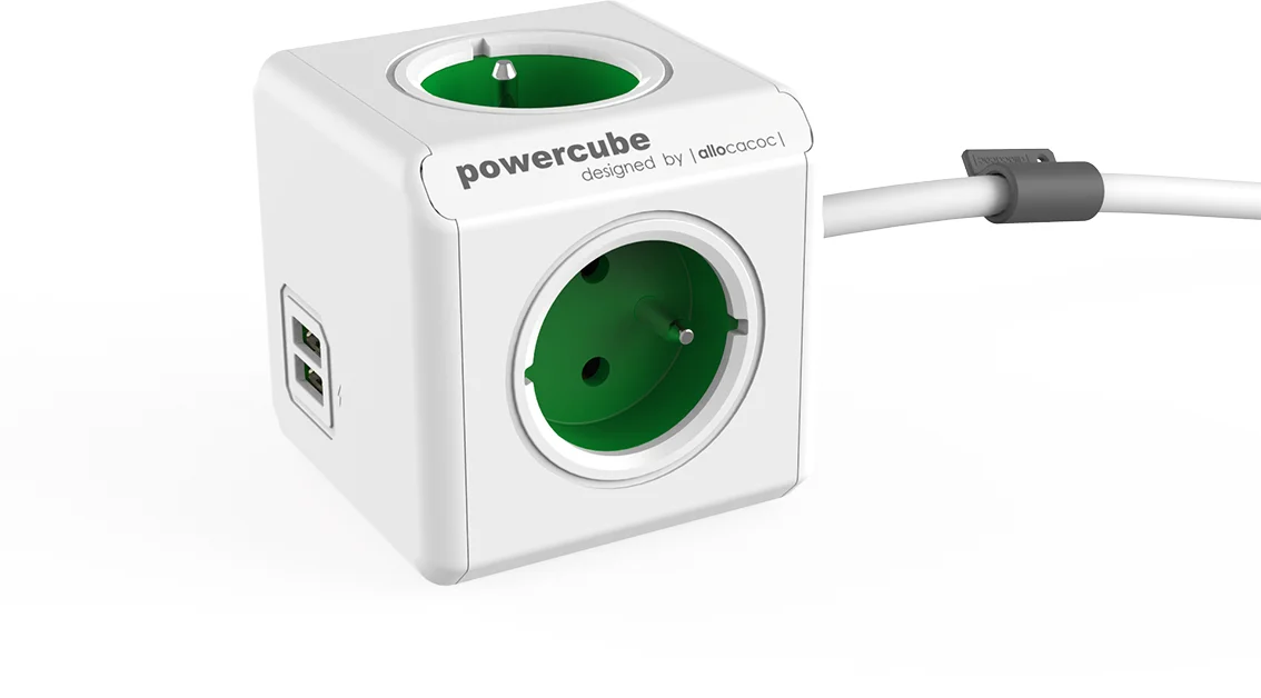 POWERCUBE multifunkčný zásuvkový systém EXTENDED USB GREEN- kocka 4 zásuvky + 2x USB 1,5m kábel 8718444085812