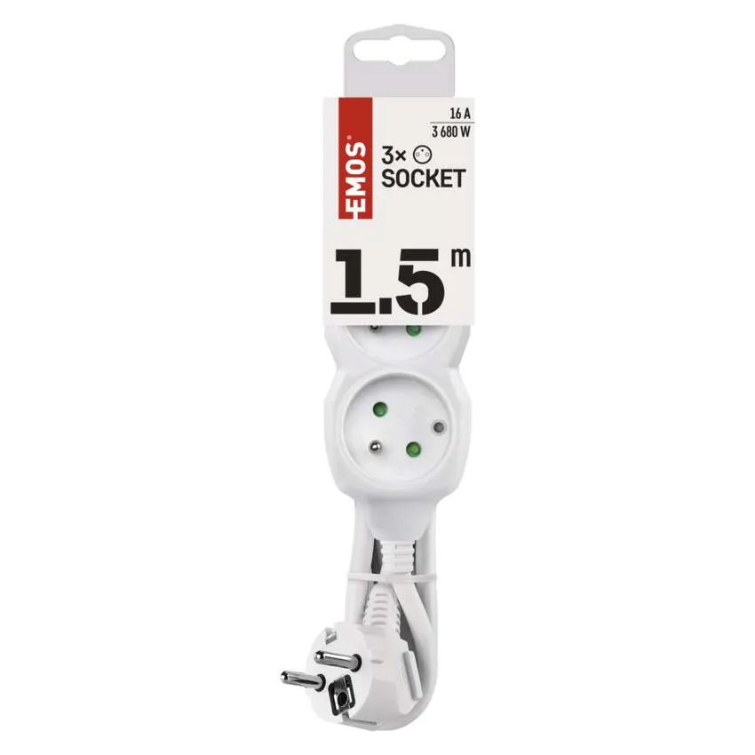 Predlžovací kábel 1,5 m / 3 zásuvky / biely / PVC / 1 mm2