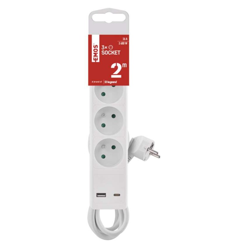 Predlžovací kábel Emos 2 m / 3 zásuvky / s vypínačom / biely / 1×USB-A + 1×USB-C / 1,5 mm2