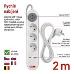 Predlžovací kábel Emos 2 m / 3 zásuvky / s vypínačom / biely / 1×USB-A + 1×USB-C / 1,5 mm2