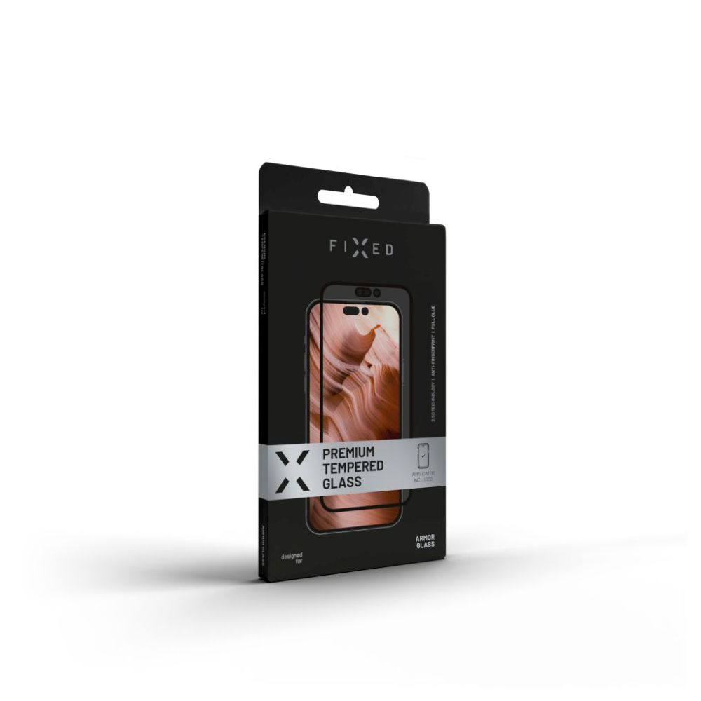 Prémiové ochranné tvrdené sklo FIXED Armor s aplikátorom pre Apple iPhone 15 Plus, čierne