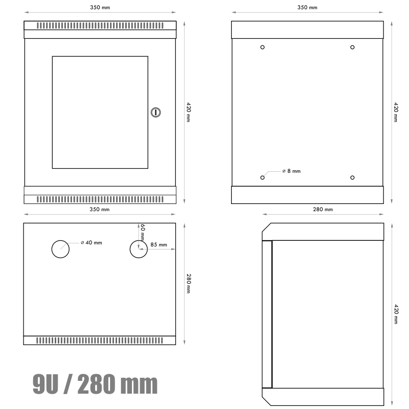RACK DATACOM 10" nástenný rack 9U/280 mm (sklo) čierny