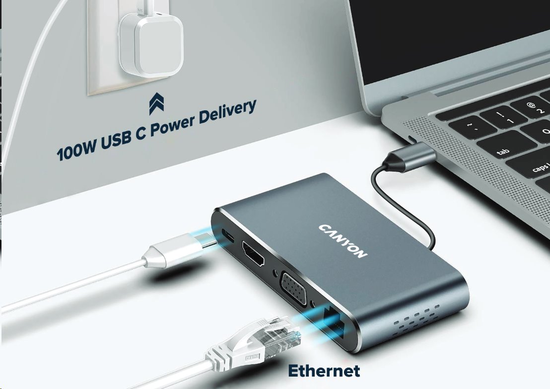 Replikátor portov CANYON DS-14 8v1, 1xUSB-C PD 100W, 1xHDMI (4K), VGA, 3xUSB-A 3.0, RJ45 Gb, 3,5mm jack