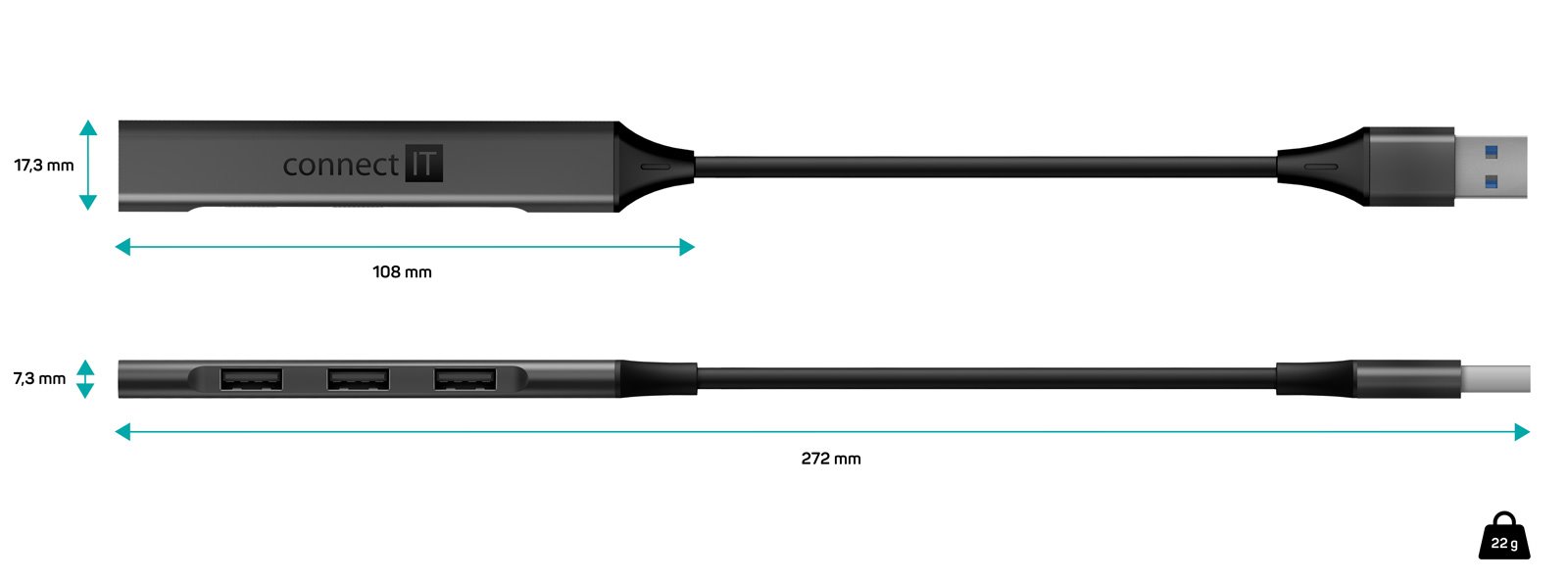 Rozbočovač Connect IT USB-A, (1xUSB-A 3.0, 3xUSB-A 2.0), externý, antracitová